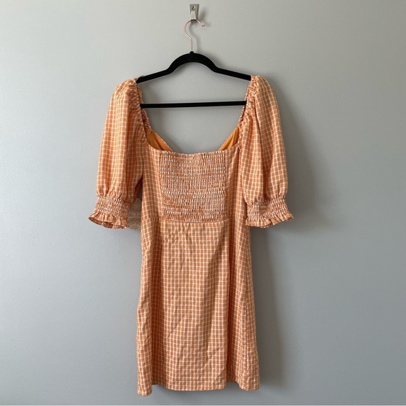 NWT Altar'd State Gingham Puff Sleeve Tie Front Mini Dress Apricot size L - Picture 2 of 14